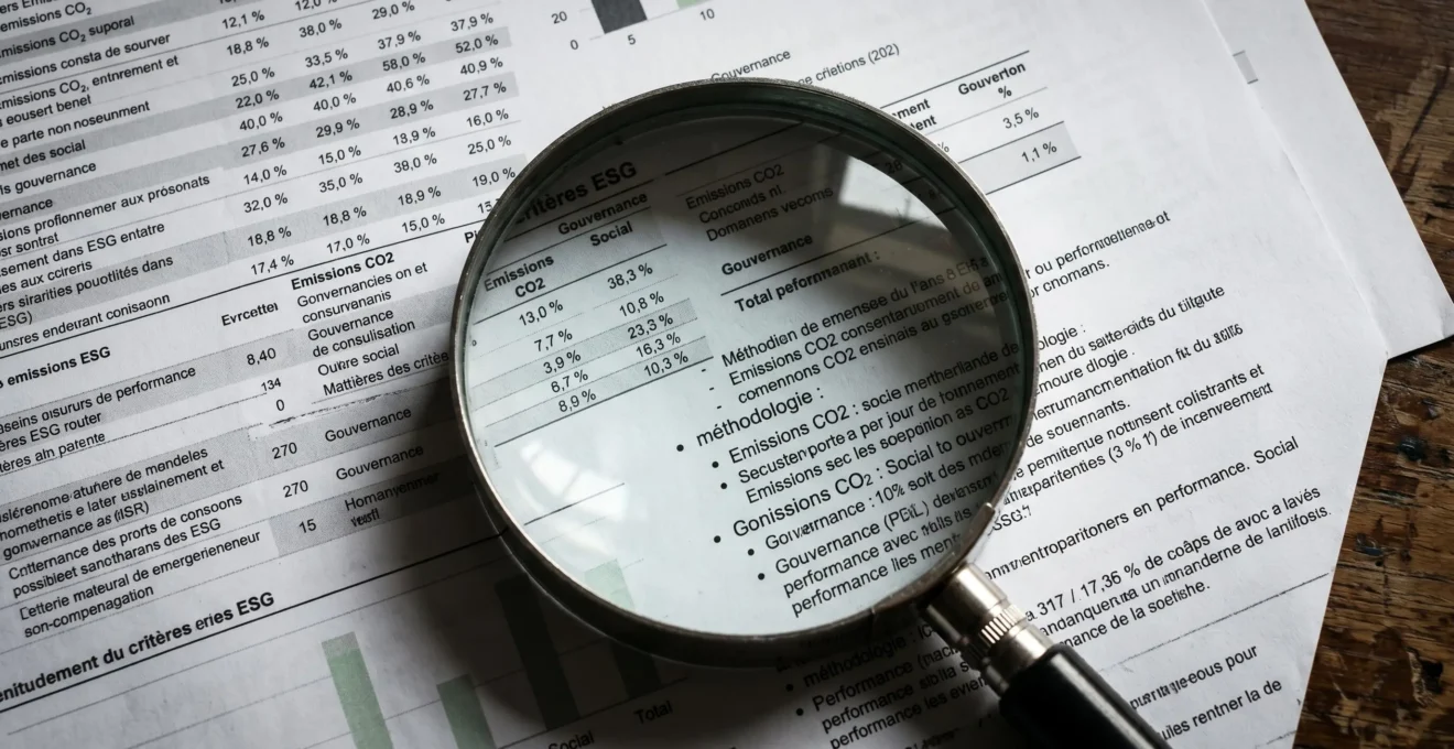 Une loupe posée sur un document ESG, grossissant les données et méthodologies, symbolisant la vigilance nécessaire contre le greenwashing.