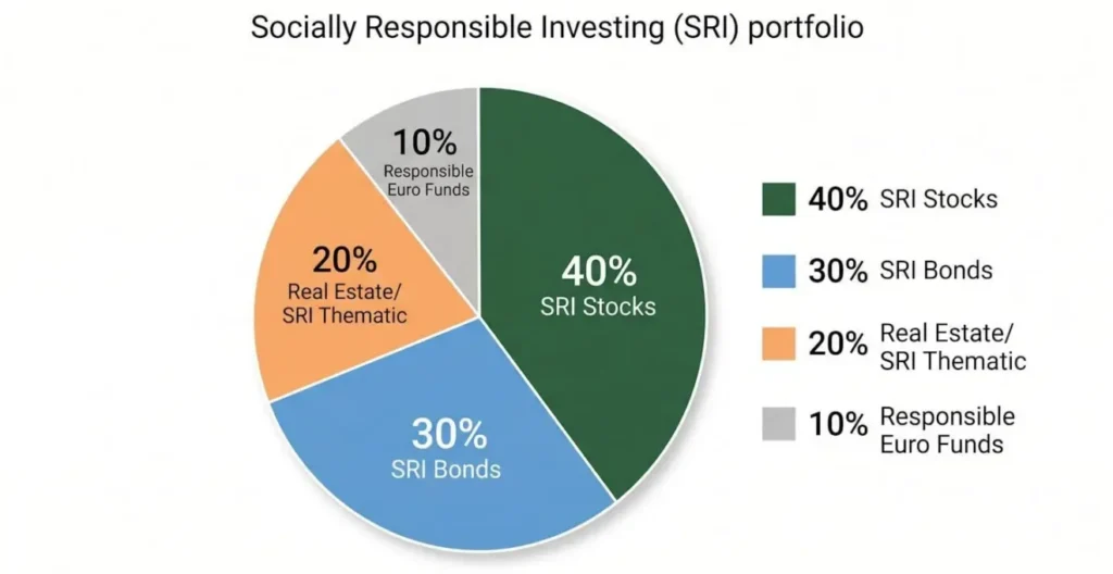 Graphique circulaire représentant la répartition d'un portefeuille d'assurance vie ISR diversifié selon les classes d'actifs. Graphique circulaire représentant la répartition d'un portefeuille d'assurance vie ISR diversifié selon les classes d'actifs.