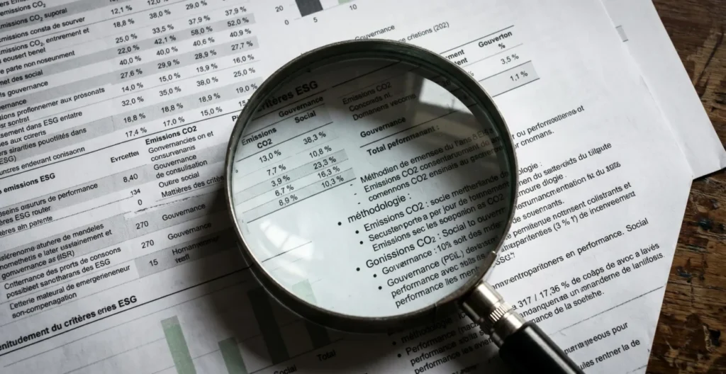 Une loupe posée sur un document ESG, grossissant les données et méthodologies, symbolisant la vigilance nécessaire contre le greenwashing. Une loupe posée sur un document ESG, grossissant les données et méthodologies, symbolisant la vigilance nécessaire contre le greenwashing.